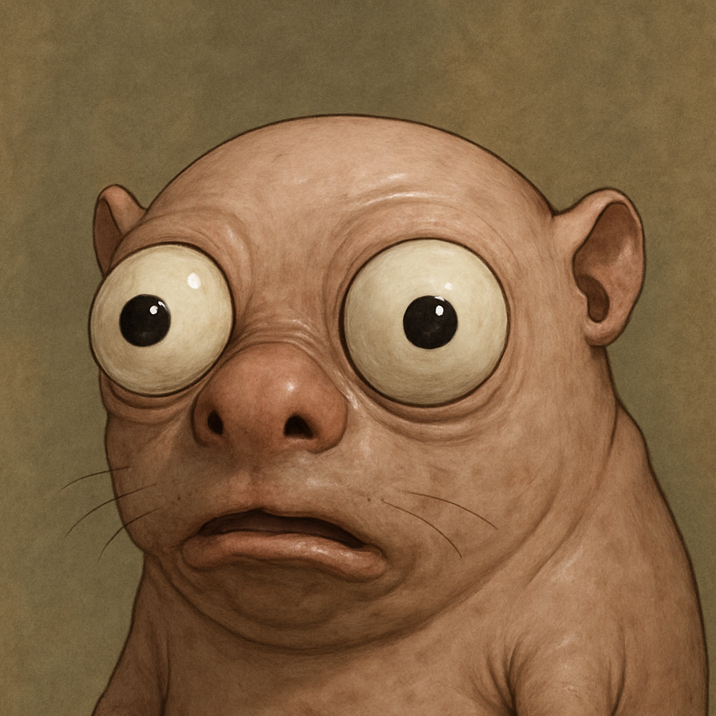 Robby The Rat - a bewildered chubby rat creature with huge eyes